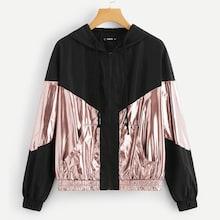 Romwe Pocket Front Metallic Hoodie Jacket