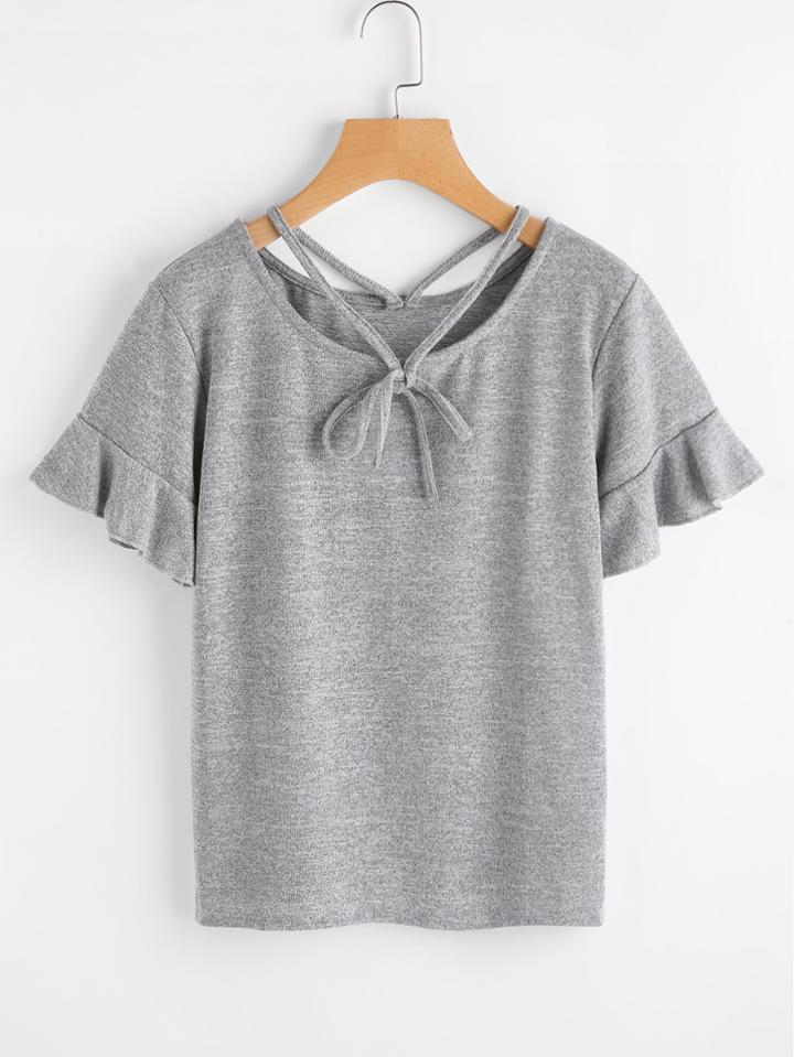Romwe Ruffle Sleeve Self Tie Neck Tee