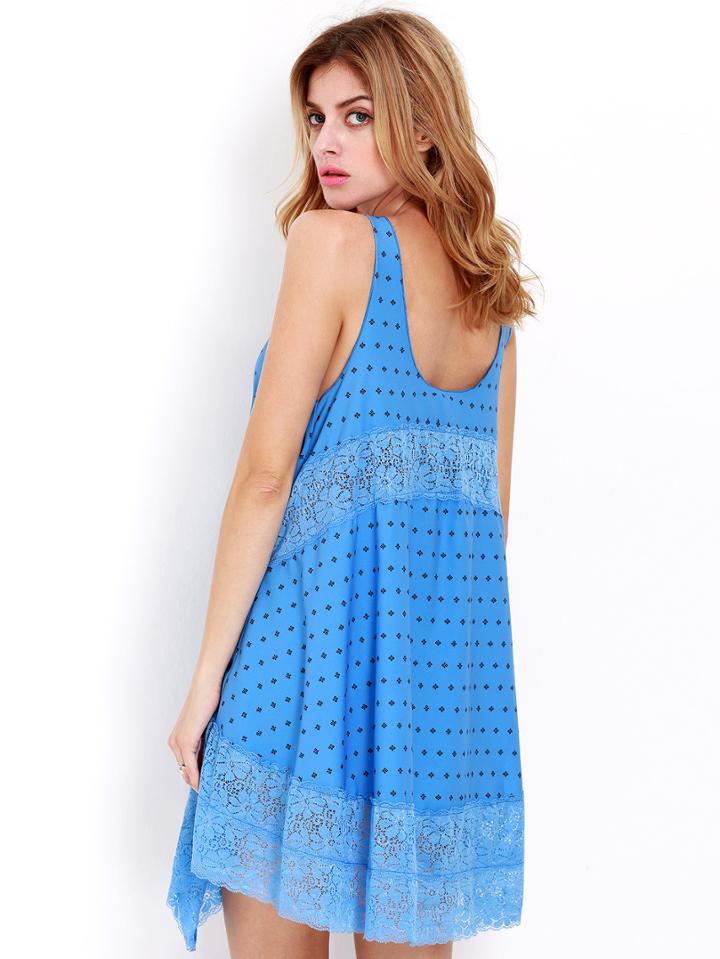 Romwe Blue Spaghetti Strap Backless With Lace Dress