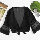 Romwe Lace Mesh Flounce Sleeve Knot Plunge Top