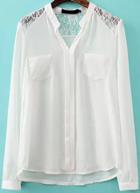 Romwe White V Neck Lace Dipped Hem Blouse