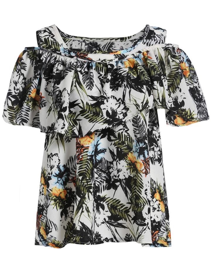 Romwe Open Shoulder Leaves Print Dress