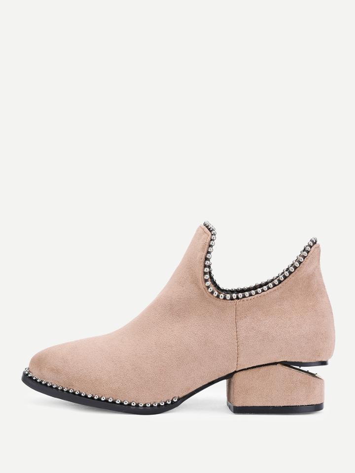 Romwe Metal Beads Trim Suede Ankle Boots