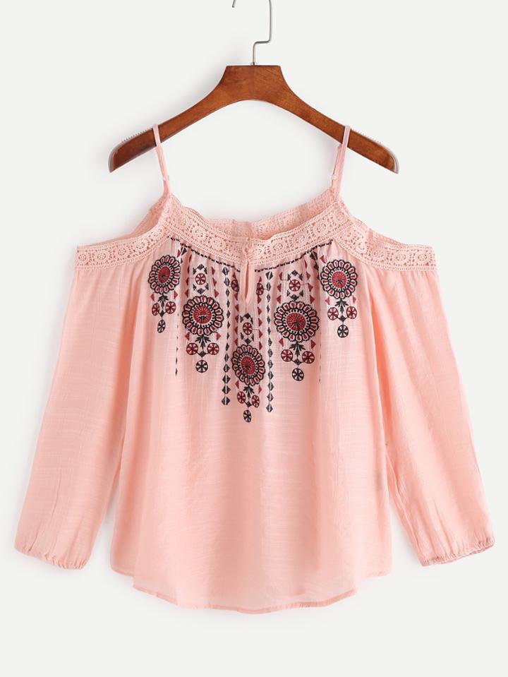 Romwe Pink Embroidered Cold Shoulder Blouse