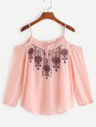 Romwe Pink Embroidered Cold Shoulder Blouse