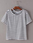 Romwe Black And White Cutout Round Neck Stripe T-shirt