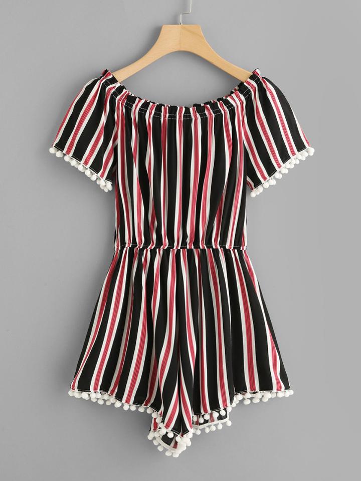 Romwe Pom Pom Detail Stripe Jumpsuit