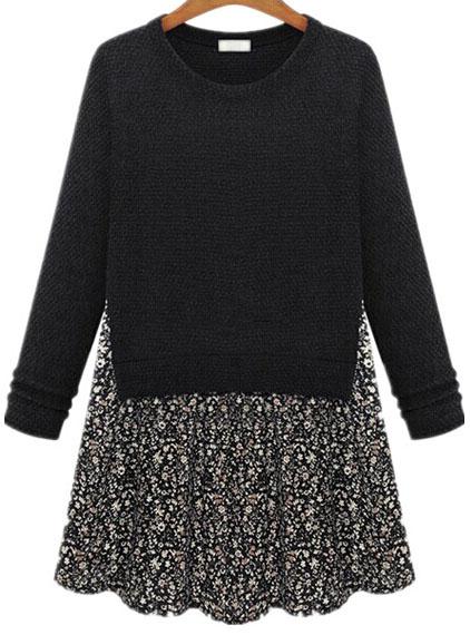 Romwe Contrast Floral Print Black Dress