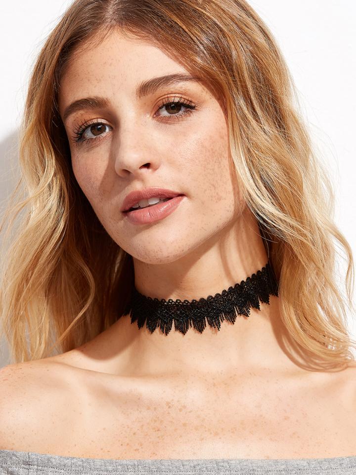 Romwe Black Eyelash Fringe Lace Choker Necklace