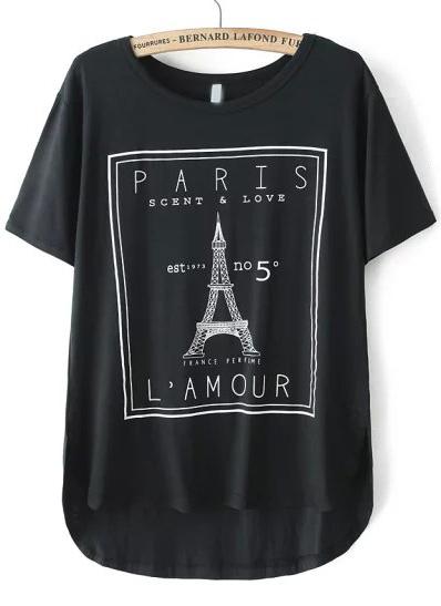 Romwe Black Eiffel Tower Print Dip Hem T-shirt