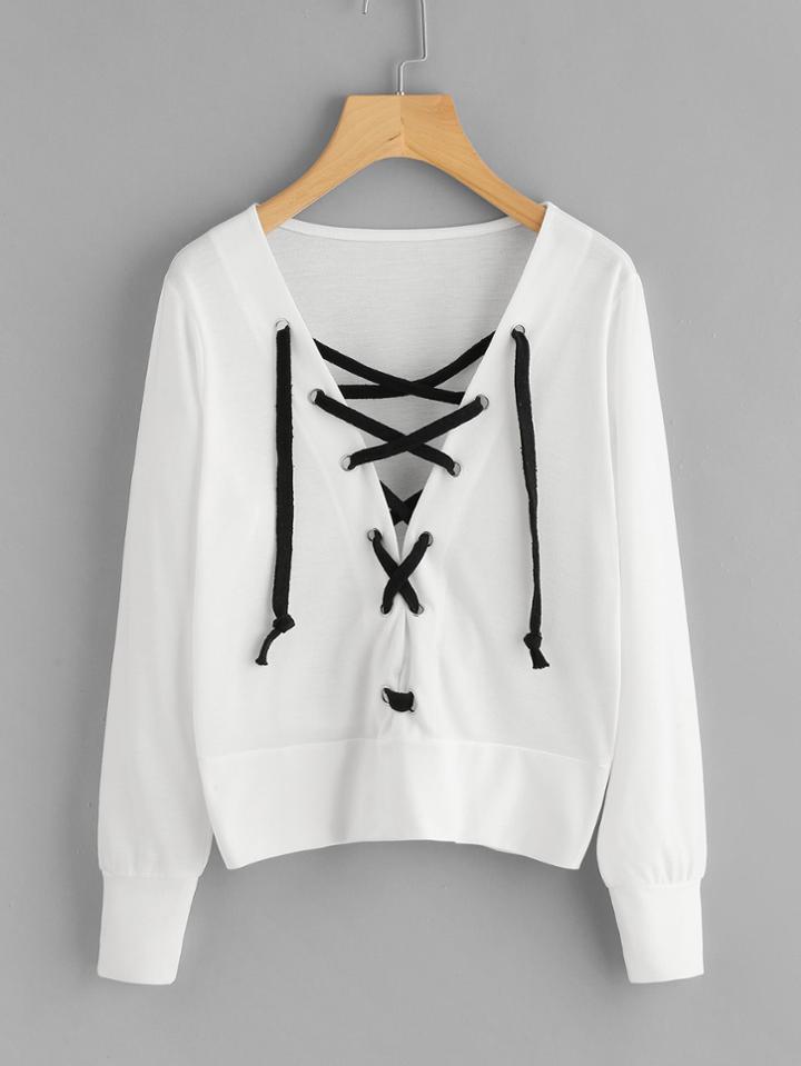 Romwe Plunge Lace Up Pullover