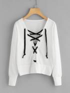 Romwe Plunge Lace Up Pullover