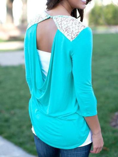 Romwe Contrast Lace Cowlback Blue T-shirt