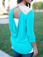 Romwe Contrast Lace Cowlback Blue T-shirt