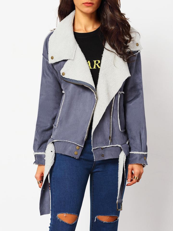 Romwe Lapel Zipper Loose Coat With Pockets
