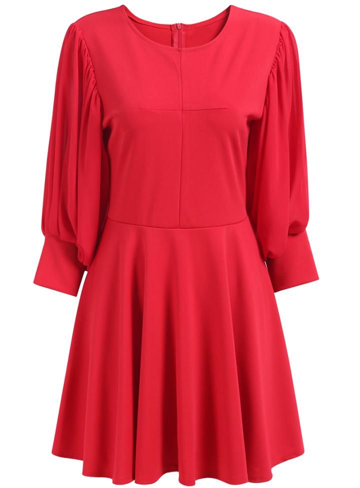 Romwe Balloon Sleeve With Zipper Pleated Red Dress