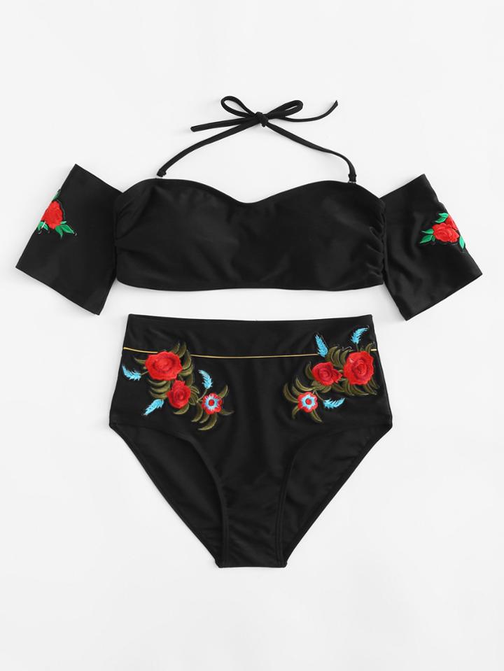 Romwe Embroidered Flower Bardot Bikini Set