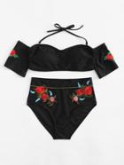 Romwe Embroidered Flower Bardot Bikini Set
