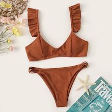 Romwe Ruffle Strap Top With Ladder Cutout Bikini Set