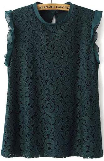 Romwe Dark Green Sleeveless Ruffle Lace Blouse