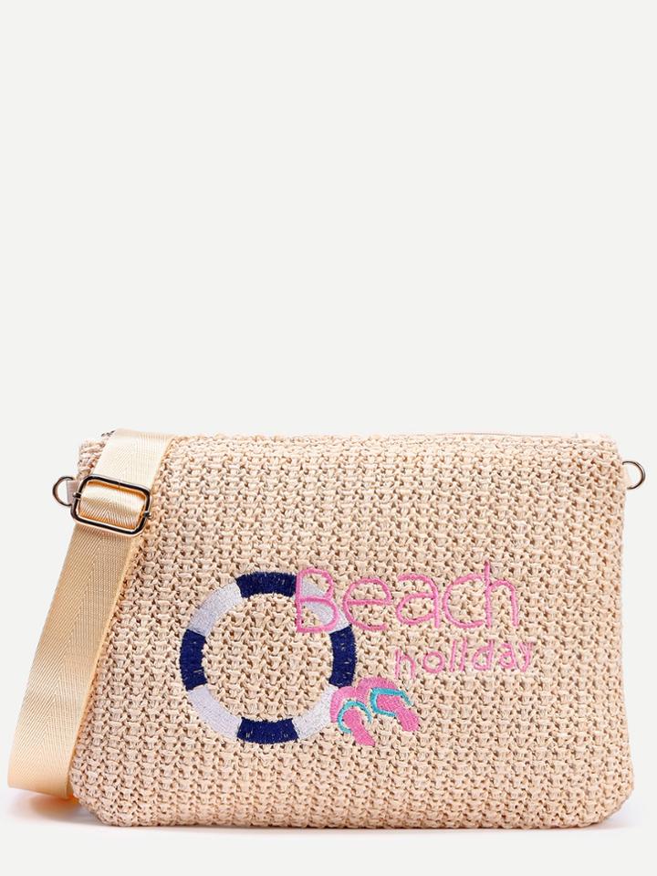 Romwe Beige Embroidered Tassel Trim Straw Clutch Bag
