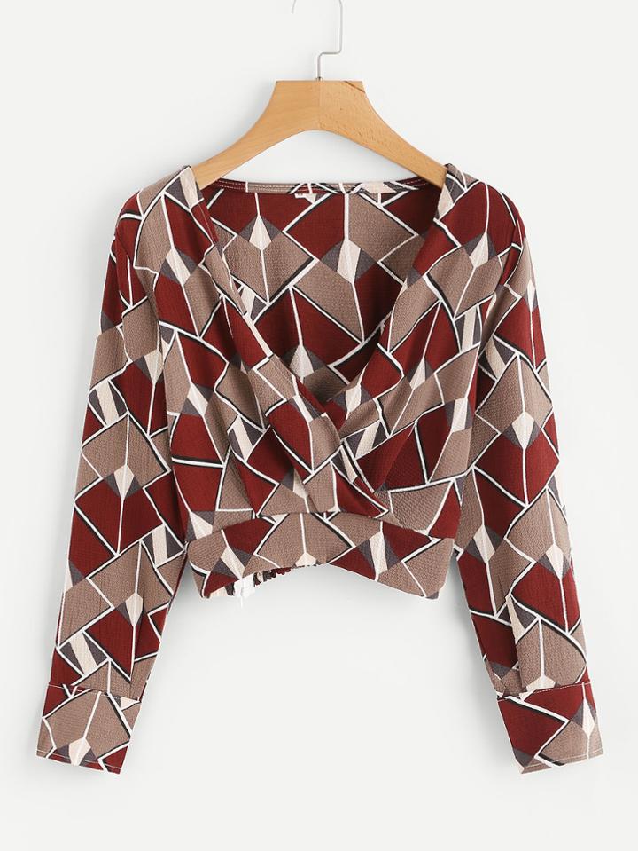 Romwe V Neckline Geo Print Surplice Crop Top
