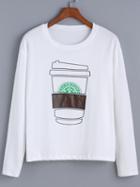 Romwe Coffee Cup Print White Sweatshirt