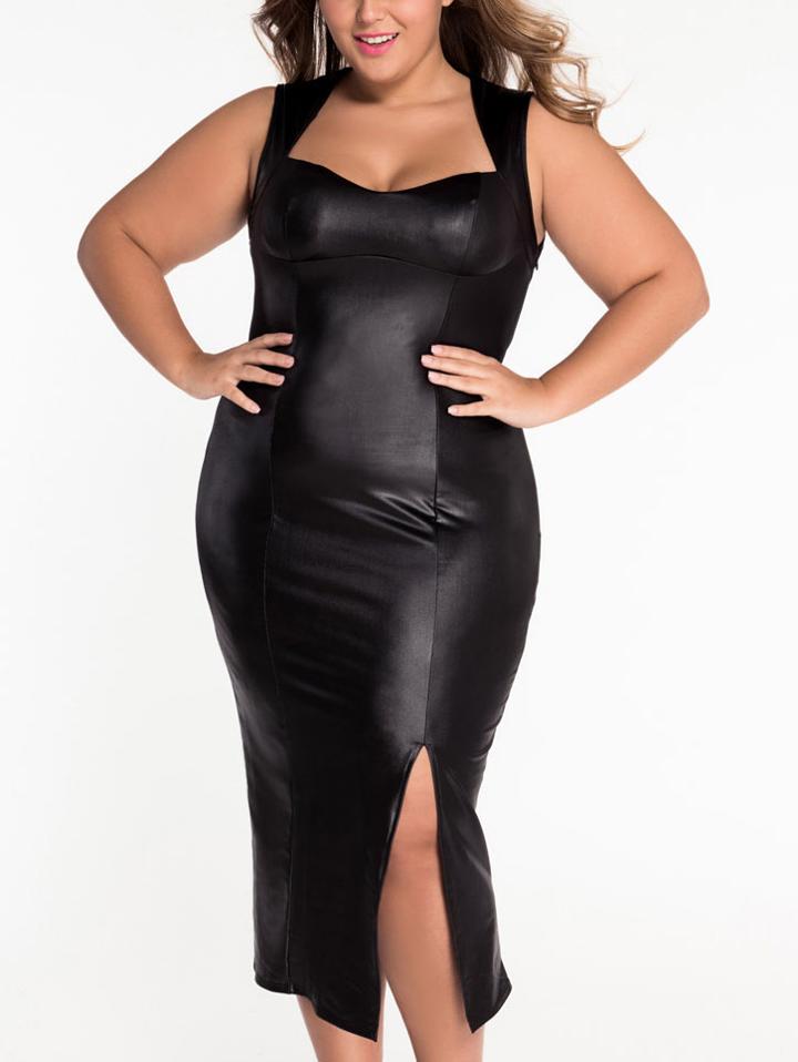 Romwe Black Faux Leather Square Neck Cutout Slit Dress