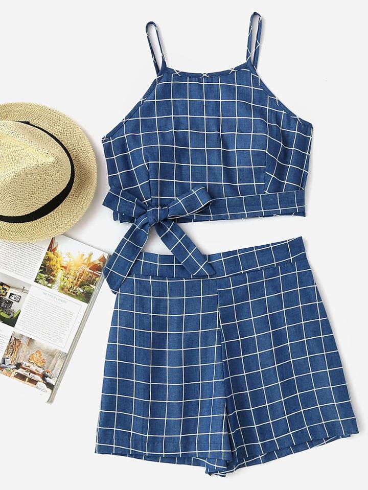 Romwe Checked Side Knot Crop Cami Top With Shorts