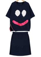 Romwe Smiley Face Print Split Top With Blue Skirt