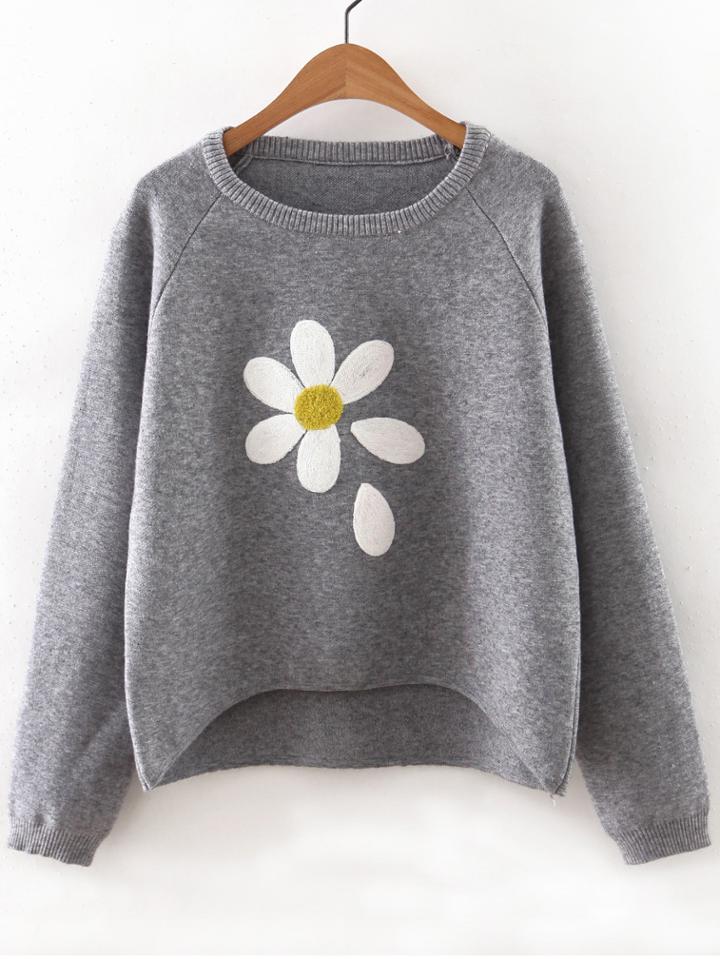 Romwe Grey Flower Print Raglan Sleeve Dip Hem Sweater