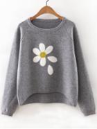 Romwe Grey Flower Print Raglan Sleeve Dip Hem Sweater