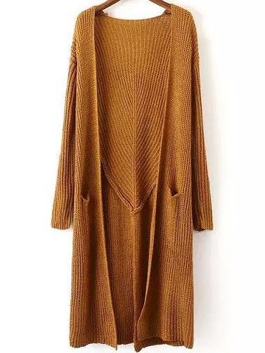 Romwe Long Sleeve Slit Back Coffee Cardigan