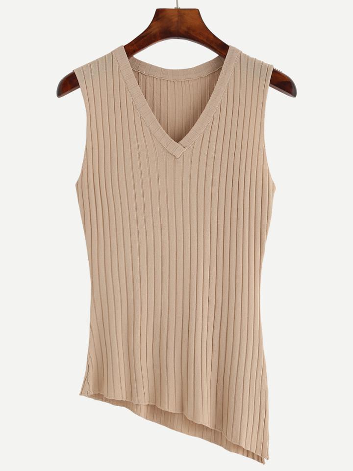 Romwe Apricot V Neck Ribbed Knit Asymmetric Top