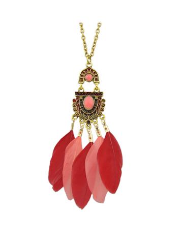 Romwe Red Color Feather Long Pendant Necklaces