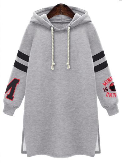 Romwe Hooded Drawstring Varsity-striped Slit Grey Dress