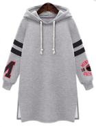 Romwe Hooded Drawstring Varsity-striped Slit Grey Dress