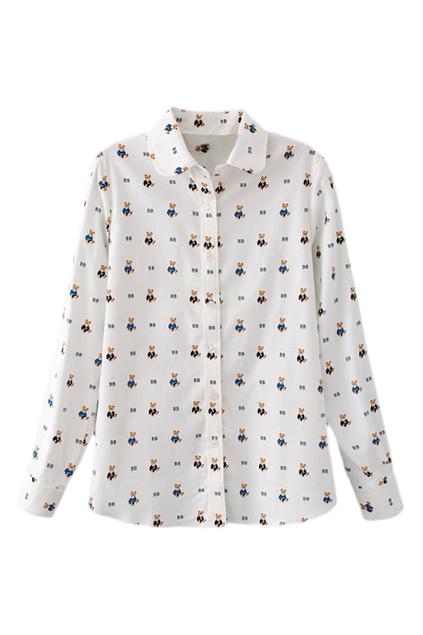 Romwe Bear Print White Corduroy Shirt