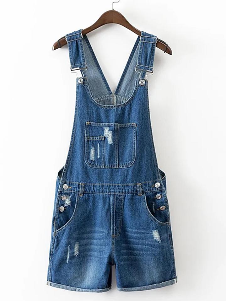 Romwe Distressed Cuffed Denim Overall Shorts
