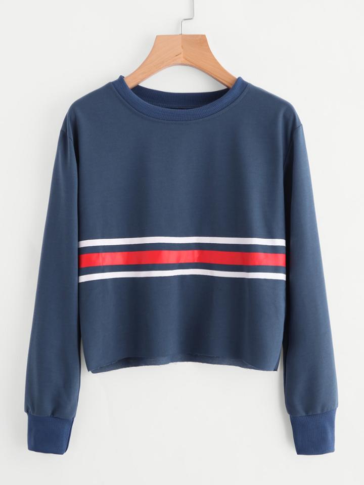 Romwe Raw Hem Striped Sweatshirt
