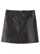 Romwe Black Pockets Zipper Front Pu Leather Skirt