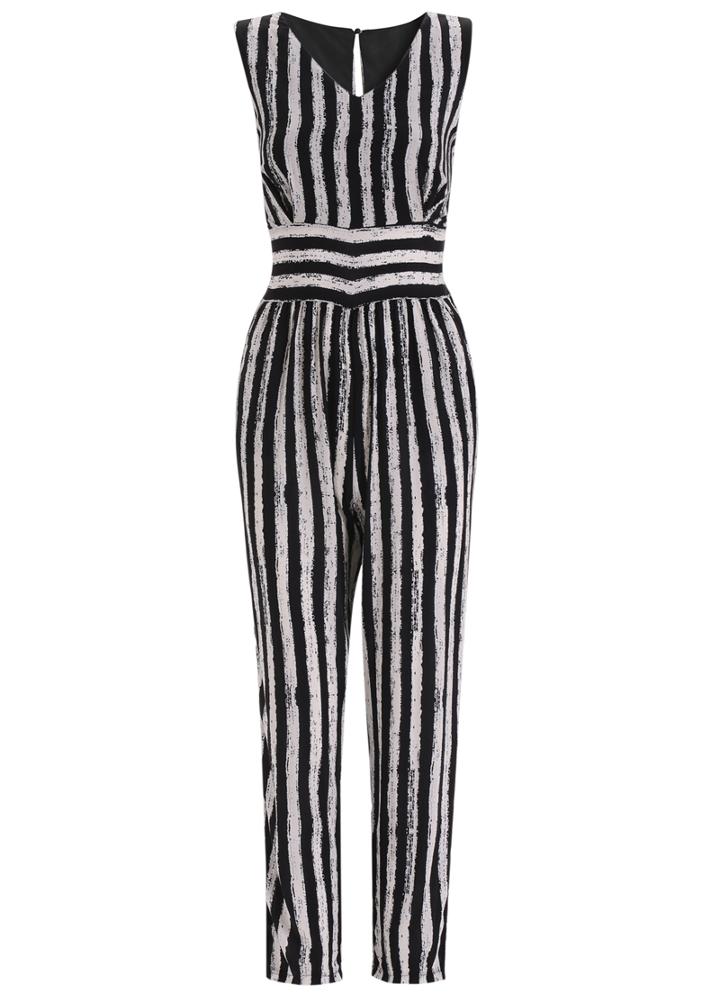 Romwe V Neck Sleeveless Vertical Striped Jumpsuit