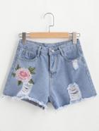Romwe Floral Embroidered Fray Hem Ripped Shorts