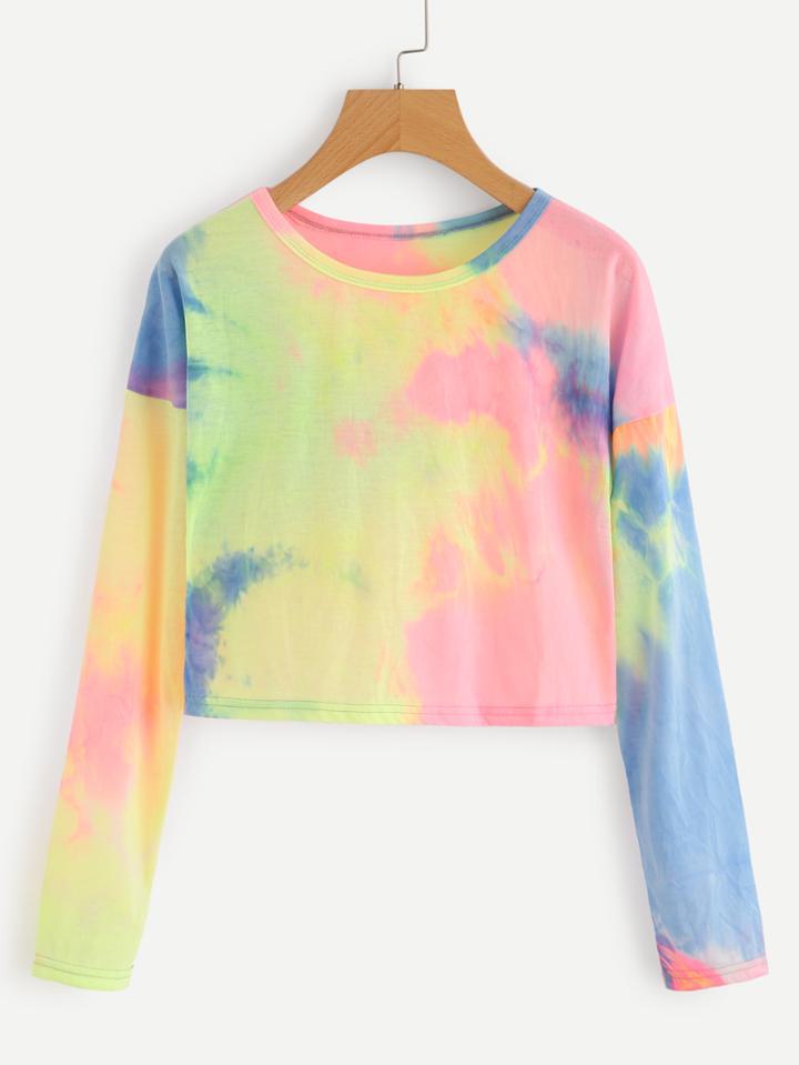 Romwe Drop Shoulder Water Color Crop T-shirt