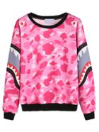 Romwe Pink Contrast Trim Printed Sweatshirt