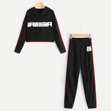 Romwe Letter Print Drawstring Hooded Top With Pants