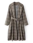 Romwe Slit Side Glen Plaid Tweed Coat With Belt