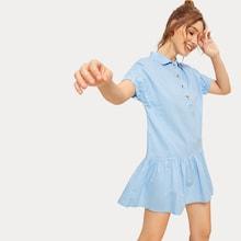 Romwe Half Button Ruffle Hem Smock Dress