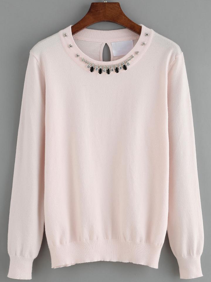 Romwe Long Sleeve Pink Sweater With Rhinestones