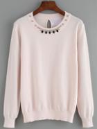 Romwe Long Sleeve Pink Sweater With Rhinestones